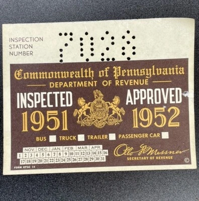 Pegatina de inspección Pennsylvania 1951-1952 Pa de colección coche camión Ford antiguo sin emitir Foto 1 de 2