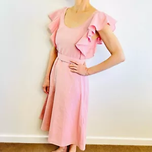 Leo Lin Size 8 S Pink Belted ruffled linen & cotton midi dress Aus Designer - Picture 1 of 15