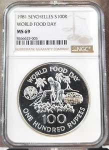 1981 SEYCHELLES SILVER 100 RUPEES NATIVE WITH COCONUTS NGC MS 69 RARE TOP POP - Picture 1 of 3