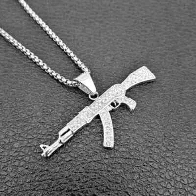 1.9Ct Round Cut Moissanite AK-47 Pendant Free Chain 14K White Gold Plated Silver - Image 1 of 3