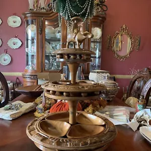 Hand Carved Monkey Pod Wood, Lazy Susan, 3 Tiers, Phillipines, Circa early 1960s - Picture 1 of 7