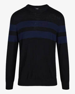 $88 Express Men’s Striped Crew Neck 100% Merino Wool Sweater Pitch Black Size S - Picture 1 of 6