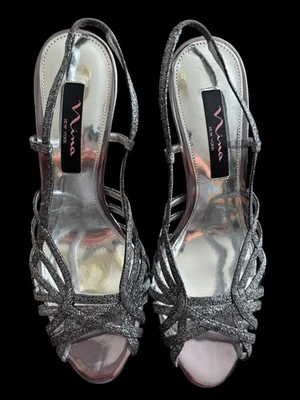 Sandalias de noche Nina talla 7 Fenix plataforma con tiras 4" tacón de aguja plateado brillo Foto 1 de 4