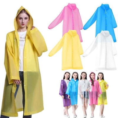 Men Women Kids Raincoat Rain Coat Hooded Waterproof Jacket Poncho Rainwear - Image 1 of 4