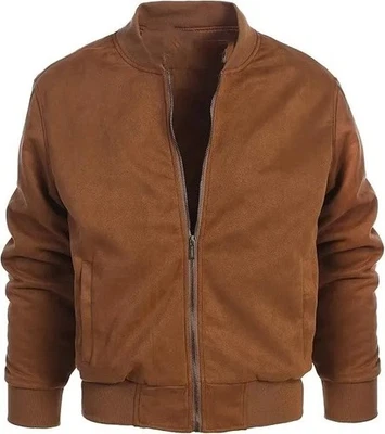 Men's Suede Bomber Jacket Classic Casual Soft Leather Flight Style Outerwear - Image 1 of 4