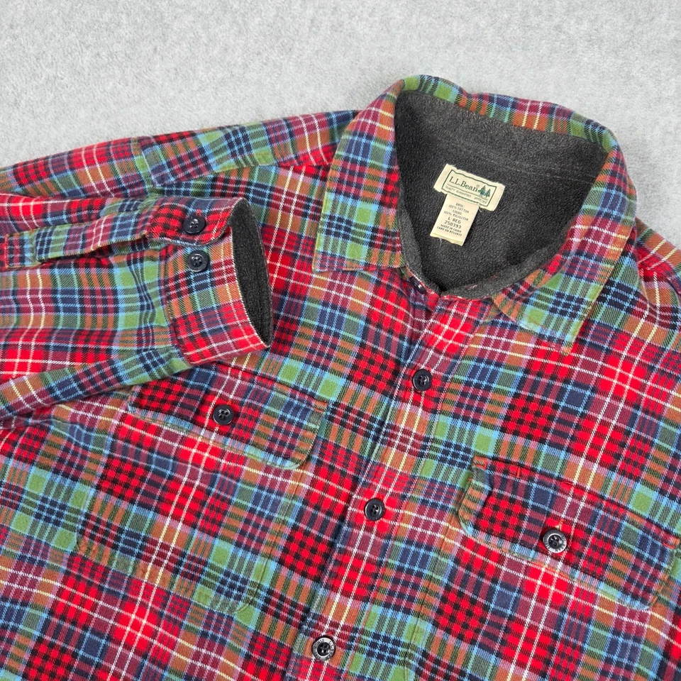 Camisa xadrez L.L.Bean masculina grande forrada de lã flanela verde vermelha - Imagem 1 de 4