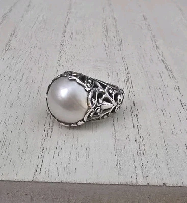 Anillo Ross Simons Oro Amarillo 18k y Plata de Ley Perla Ancho Alto Perfil Foto 1 de 4