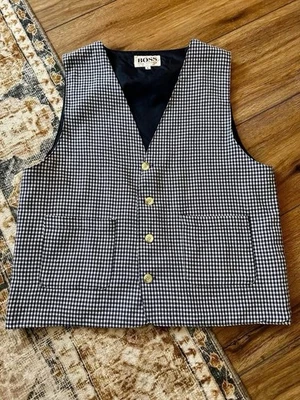 Chaleco de traje forrado de guinga azul Boss America Hugo Boss vintage para hombre talla L grande Foto 1 de 4