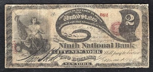1865 $2 “LAZY DEUCE” NOVENO NB DE LA CIUDAD DE NUEVA YORK, NY “FALSO CONTEMPORÁNEO” - Imagen 1 de 2