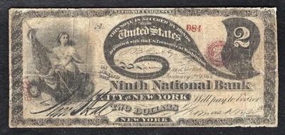 1865 $2 “LAZY DEUCE” NINTH NB OF THE CITY OF NEW YORK, NY “CONTEMPORARY FAUX” - Image 1 of 2