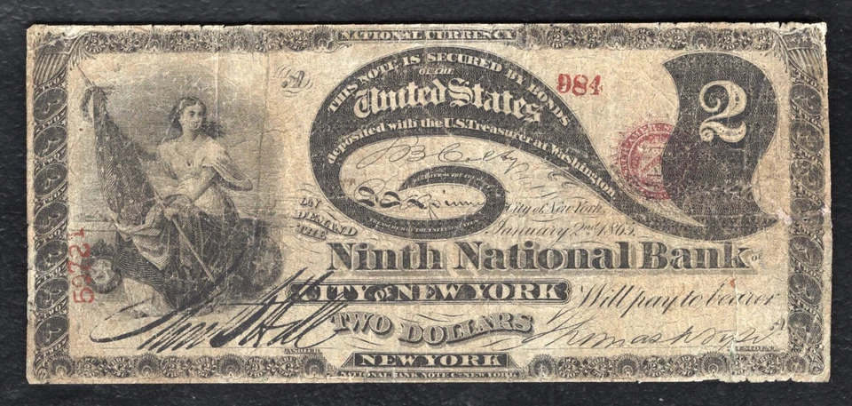 1865 $2 “LAZY DEUCE” NINTH NB OF THE CITY OF NEW YORK, NY “CONTEMPORARY FAUX” - Image 1 of 2