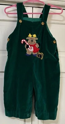 Vintage Baby Boy Green Velvet Overalls Embroidered Reindeer Size 6/9M - Image 1 of 4