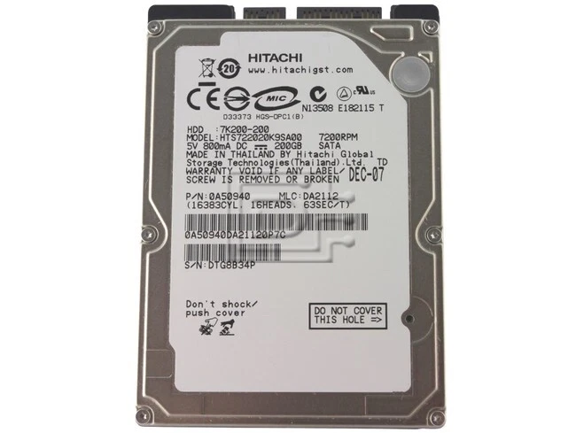 Hitachi Travelstar 5K250 HTS542520K9SA00 200GB,Internal,7200 RPM,6.35 cm (2.5") - Image 1 of 1