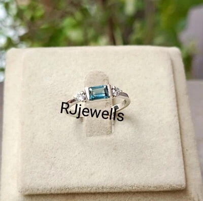 Natural London Blue Topaz Baguette Minimalist Ring Bezel Set Baguette Silver Rin - Image 1 of 4