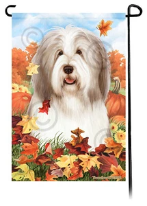 Falling Leaves Garden Flag - Dark Liver Bearded Collie - Picture 1 of 1