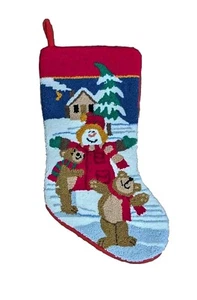Vintage Christmas Stocking Woolen Needlepoint Snowman & Bears 19" - Picture 1 of 4