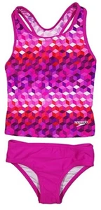 NEW GIRLS 12 SPEEDO 2 PIECE RACERBACK TANKINI SET SWIMSUIT SUIT PINK CUBES GEO - Picture 1 of 3