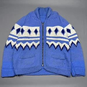 Vintage Cowichan Knit Aztec Print Heavy Shawl Zip Sweater Blue White Size L - Picture 1 of 9