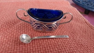 antique silver salt blue glass liner Birmingham 1918 pierced design & spoon L &S - Picture 1 of 10