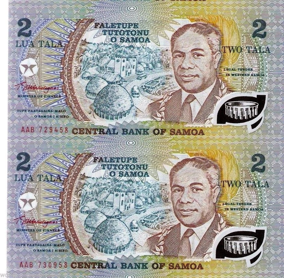 WESTERN SAMOA 2 TALA P-31 1990 UNCUT PAIR COMMEMORATIVE POLYMER UNC MONEY NOTE - Image 1 of 1