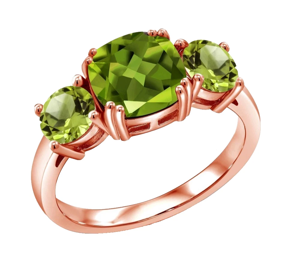 925 Silver Rose Gold Plated Engagement Ring 3.50 Ctw Green Peridot Three Stones - Image 1 of 4