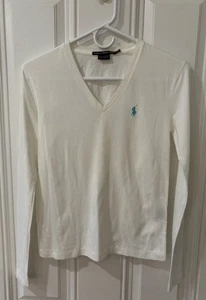 Ralph Lauren Women's V-Neck Polo Sport Cotton T-Shirt Long Sleeve Size XS - Picture 1 of 7