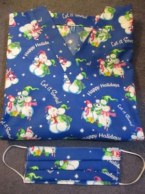 Blusa Médica Navidad Muñecos de Nieve Hecha a Mano Azul Algodón, Talla Grande 38-40 Foto 1 de 4