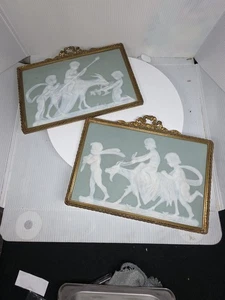 Pair Vintage Limoges Jasperware Plaques Brass Frame 8 1/4" x 5 1/2" Sage Green - Picture 1 of 21