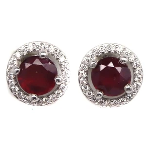 925 Sterling Silver 6 MM. Red Ruby & Cubic Zirconia Birthstone Earrings - Picture 1 of 4
