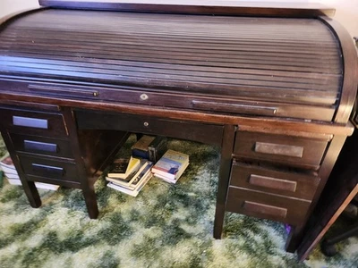 Escritorio antiguo con tapa enrollable de caoba curva C Foto 1 de 4