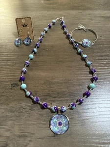 20” Handmade Bead Necklace Pierced Earrings Bracelet Set Purple And Teal New - Picture 1 of 4
