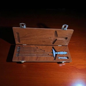 Vintage Brown And Sharpe Micrometer Depth Gage No 604 Wood box - Picture 1 of 6