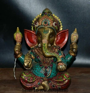 8.8" Old Tibet Bronze Turquoise Ganesh Lord Ganesha Elephant God Buddha Statue - Picture 1 of 11