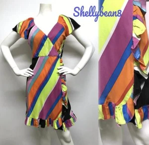 BETSEY JOHNSON Circa 2009 100% Silk NeON RAINBOW STRIPED Wrap Dress 2 4 XS $370 - Picture 1 of 1