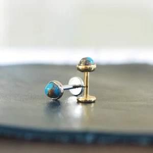 Tiny Genuine Turquoise Copper 18g Titanium Threadless Stud Earring Made In US - Picture 1 of 26