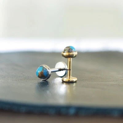Tiny Genuine Turquoise Copper 18g Titanium Threadless Stud Earring Made In US - Image 1 of 4