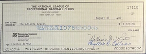 MLB BILL WHITE SIGNED RARE ORIG. 1989 NAT'L LEAGUE CHECK TO ATL. BRAVES FOR EXP! - Picture 1 of 6