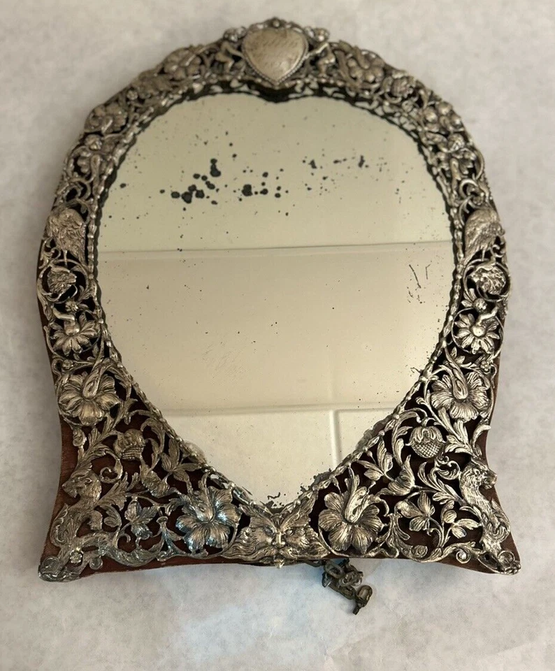 Antique Sterling Silver And Wood Heart Shaped Vanity Mirror - Image 1 of 4