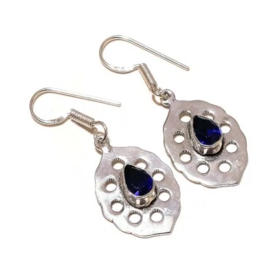 Pendiente colgante Tanzania Tanzanita corte pera piedras preciosas superpuestas de plata hecho a mano Foto 1 de 3