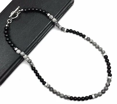 Hombre/Mujer 6mm Gris Mapa Piedra y Piedra Lava Cuentas Acero Inoxidable Collar 18" Foto 1 de 3