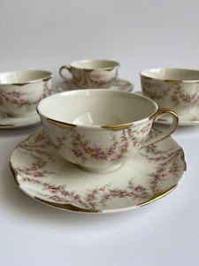 Theodore Haviland New York 4er Set Teetassen & Untertassen rosa Rosen Goldakzente - Bild 1 von 11