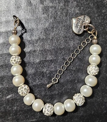 White Pearl and Crystal Bracelet Mother Of The Bride with Silver Heart Shaped - Image 1 of 4