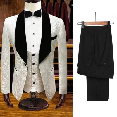 Men White Jacquard Suit Tuxedo Shawl Lapel Single Breasted Blazer Custom Wedding - Image 1 of 4