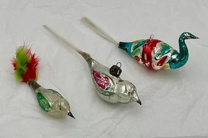 3 Vintage Bird Mercury Glass Christmas Ornaments Peacock Feathers Flashy Tails - Picture 1 of 14