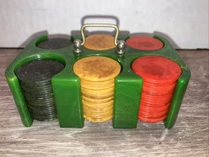 Antique Bakelite Casino Poker Chips with Bakelite Caddy RARE variation - Picture 1 of 5