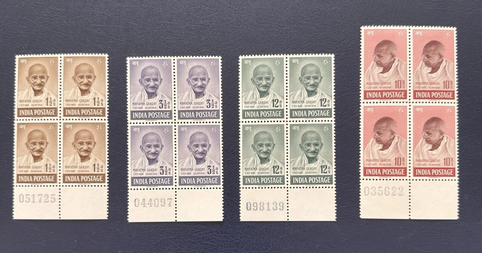 INDIA 1948 GANDHI SET 1&1/2A, 3&1/2A, 12A AND RS 10/- EXCEPTIONAL BLOCK OF FOUR - Image 1 of 4