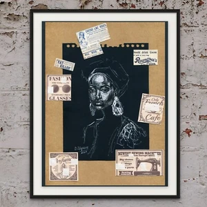 Original Line Art Ink Pens Collage Drawing African American Woman "Female DNA" - Picture 1 of 4