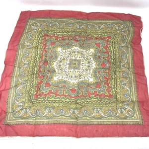 Vintage Burmel Red Green Yellow Paisley Square Scarf Hand Rolled 21" X 21" - Picture 1 of 7