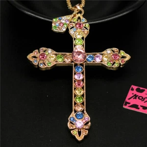 Multicolor Rhinestone Cross Pendant Crystal Pendant Fashion Women Chain Necklace - Picture 1 of 3