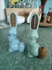 2) Vintage THADCO Tattle Tail Bunny Rabbit Sky Blue Ceramic Thermometer Figurine